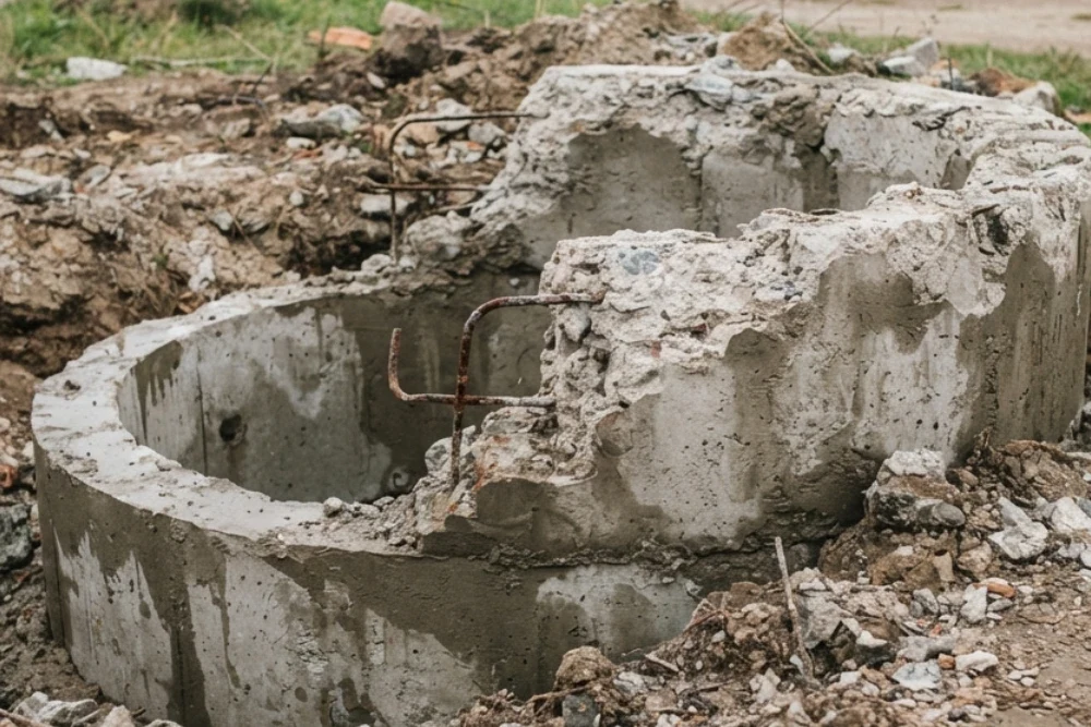 Готовий демонтаж частини бетонного колодязя у землі з відкритими елементами арматури та уламками.