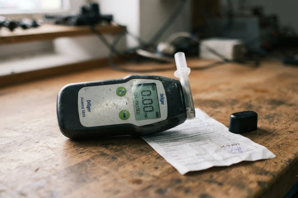 Фотографія алкотестера Dräger з наліпкою "CAL PASSED" та актом калібрування на потертому дерев'яному столі.