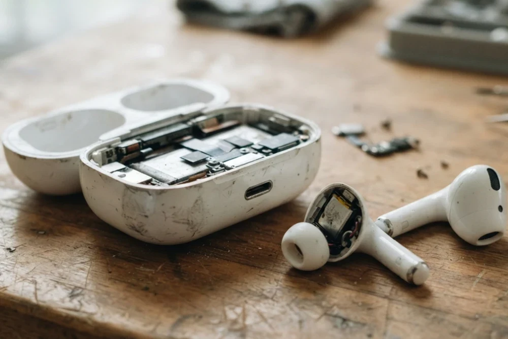 Розібраний зарядний кейс та навушники AirPods із внутрішніми мікросхемами на дерев'яному столі.