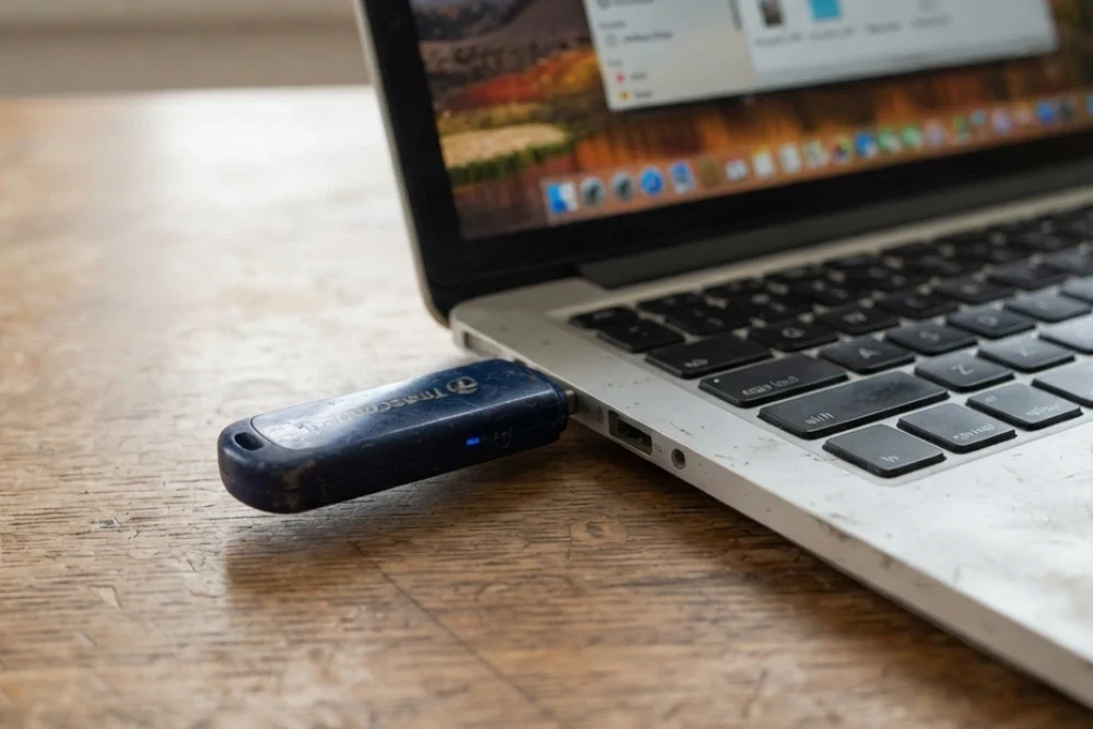 Фотографія старої потертої USB-флешки, підключеної до роз'єму ноутбука на дерев'яному столі.
