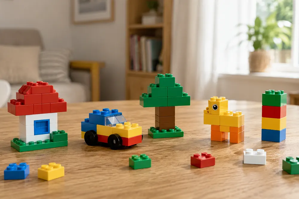 Прості моделі з конструктора LEGO: будиночок, машинка, дерево, тварина та вежа з невеликої кількості деталей