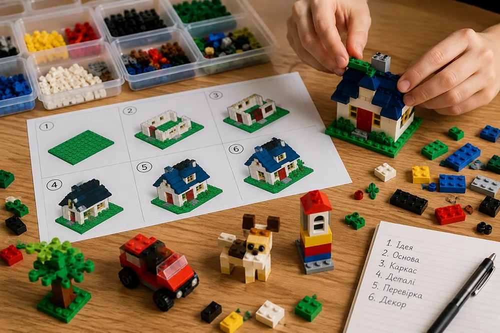 Покрокове складання будиночка з конструктора LEGO за інструкцією на столі з відсортованими деталями